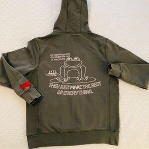 CHNGE reverse weave Love Everybody hooded sweatshirt. Unisex large. Olive green.